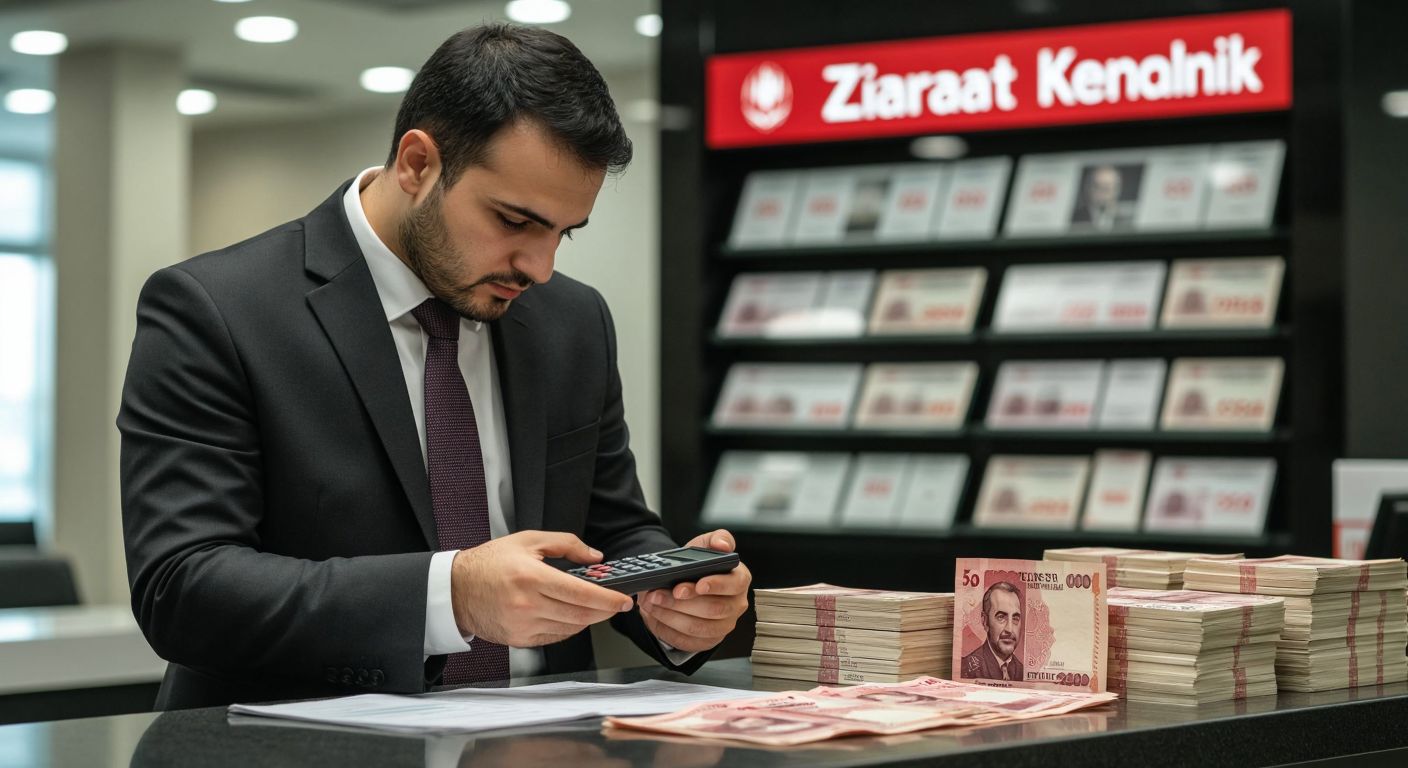 A Turkish banker in a formal suit stands behind a counter at Ziraat Bankası, thoughtfully holding a calculator while examining currency exchange rates displayed on a simple, unlabeled chart, with stacks of Turkish lira and foreign banknotes neatly arranged beside him.