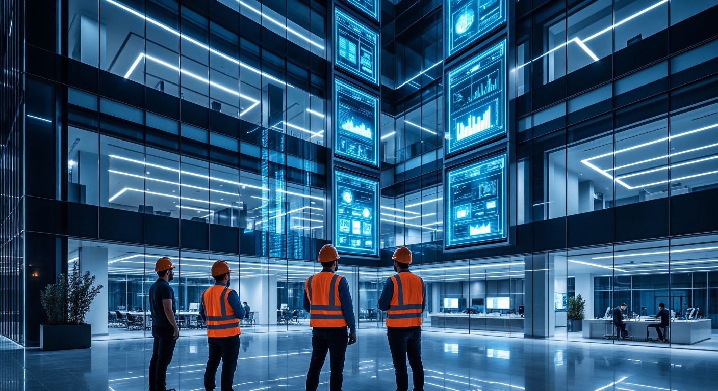 A modern Turkish office building with sleek glass panels and automated lighting systems, where engineers in safety helmets discuss blueprints near glowing control panels, symbolizing smart building automation and security.