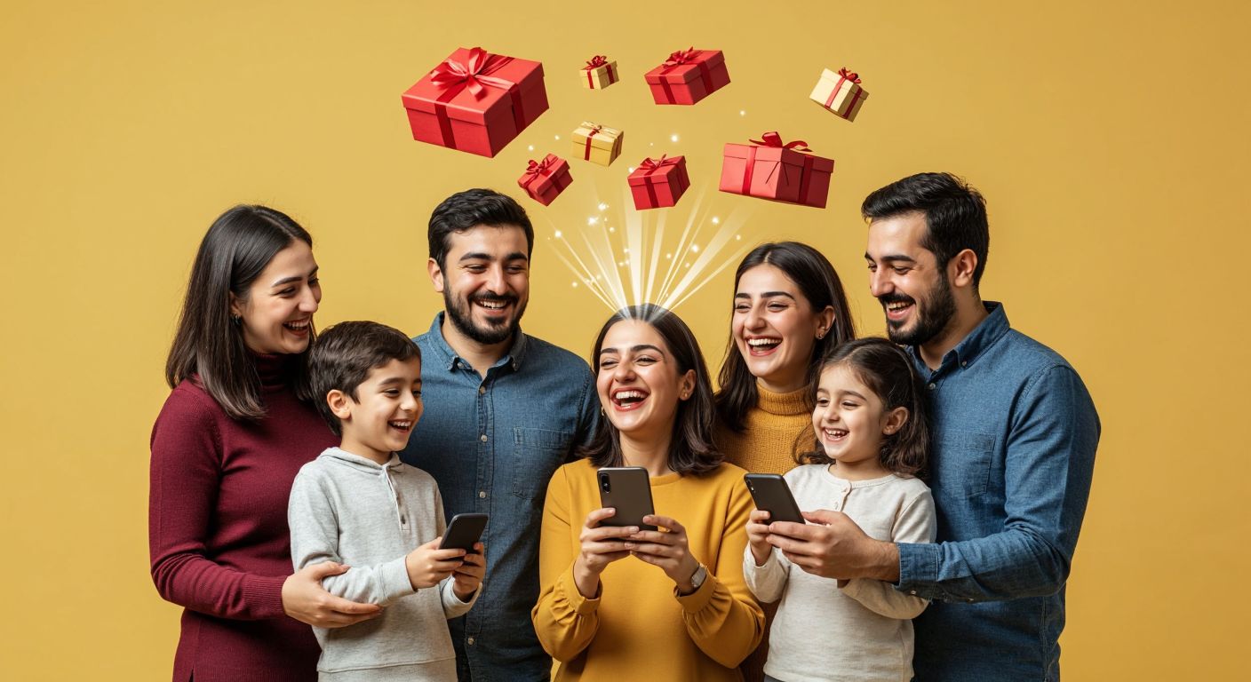 A cheerful Turkish family gathered around a smartphone, smiling as animated gift icons (like data packets and call minutes) burst from the screen against a warm yellow background.