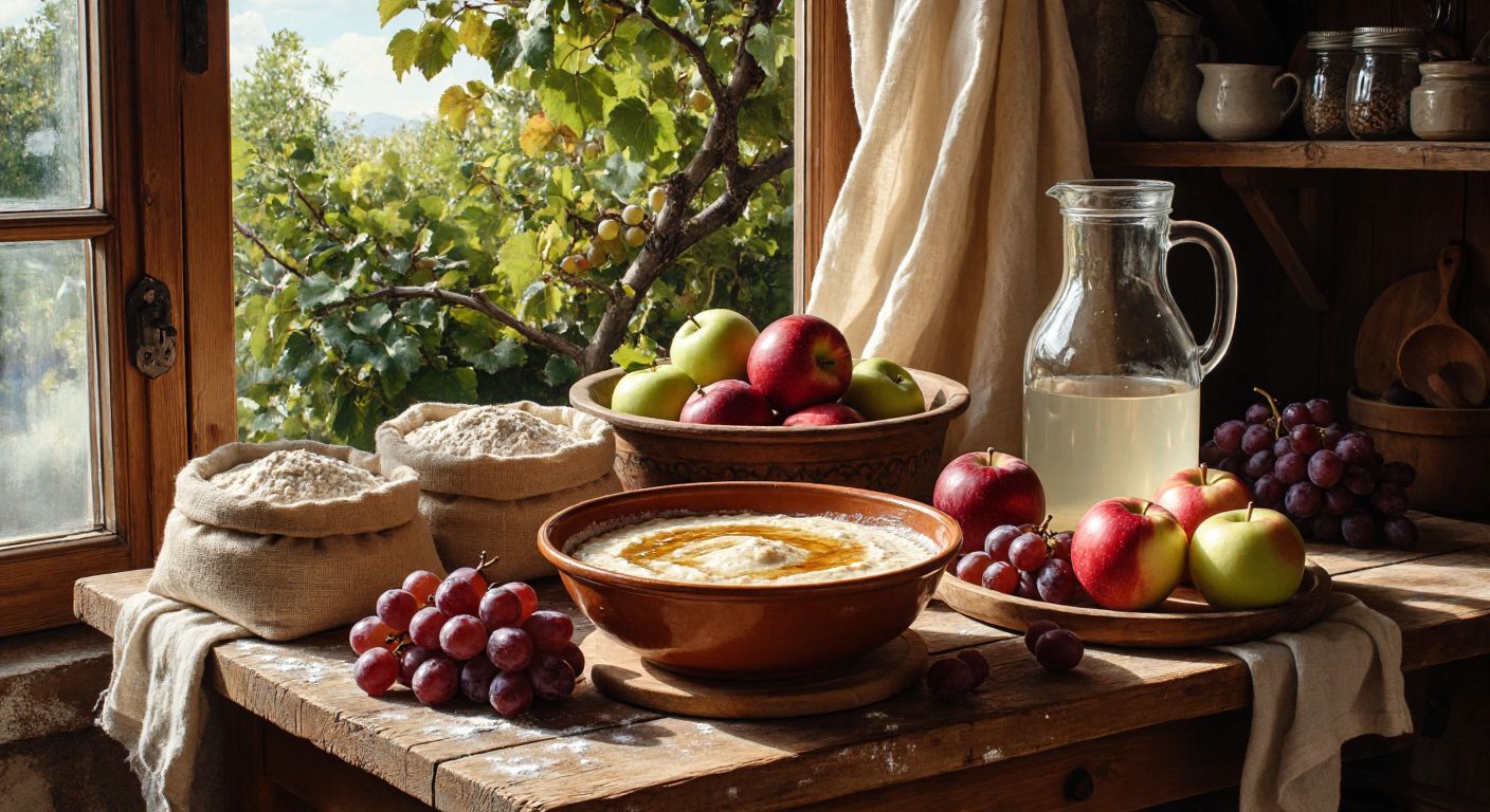 A rustic wooden table in a sunlit Turkish kitchen holds a bowl of bubbling sourdough starter, surrounded by sacks of rye flour, a jar of molasses, fresh apples, grapes, and a pitcher of clear water.