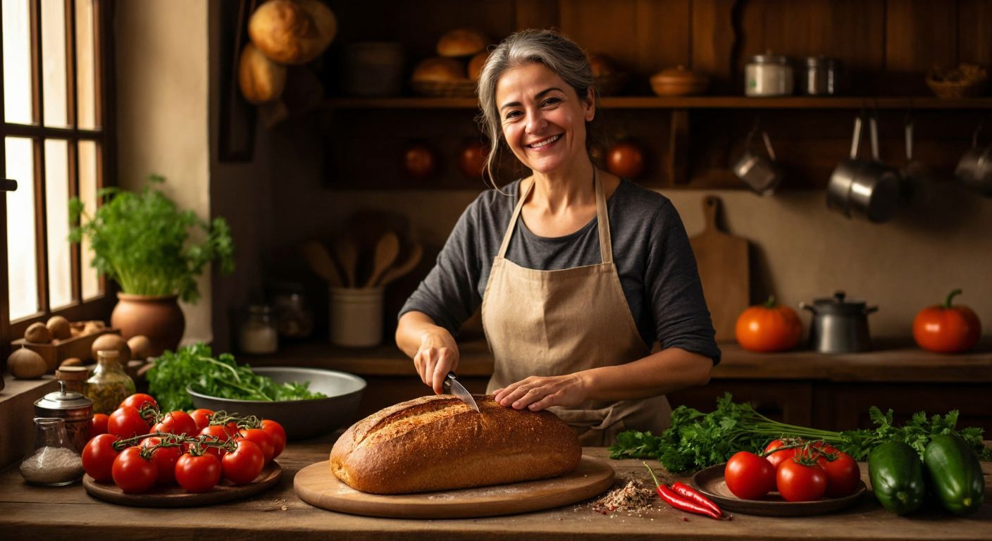 A warm, golden-brown loaf of whole wheat bread sits on a wooden cutting board in a Turkish kitchen, surrounded by fresh vegetables and olive oil, with a smiling middle-aged woman in an apron slicing a piece, her face glowing with health and satisfaction.
