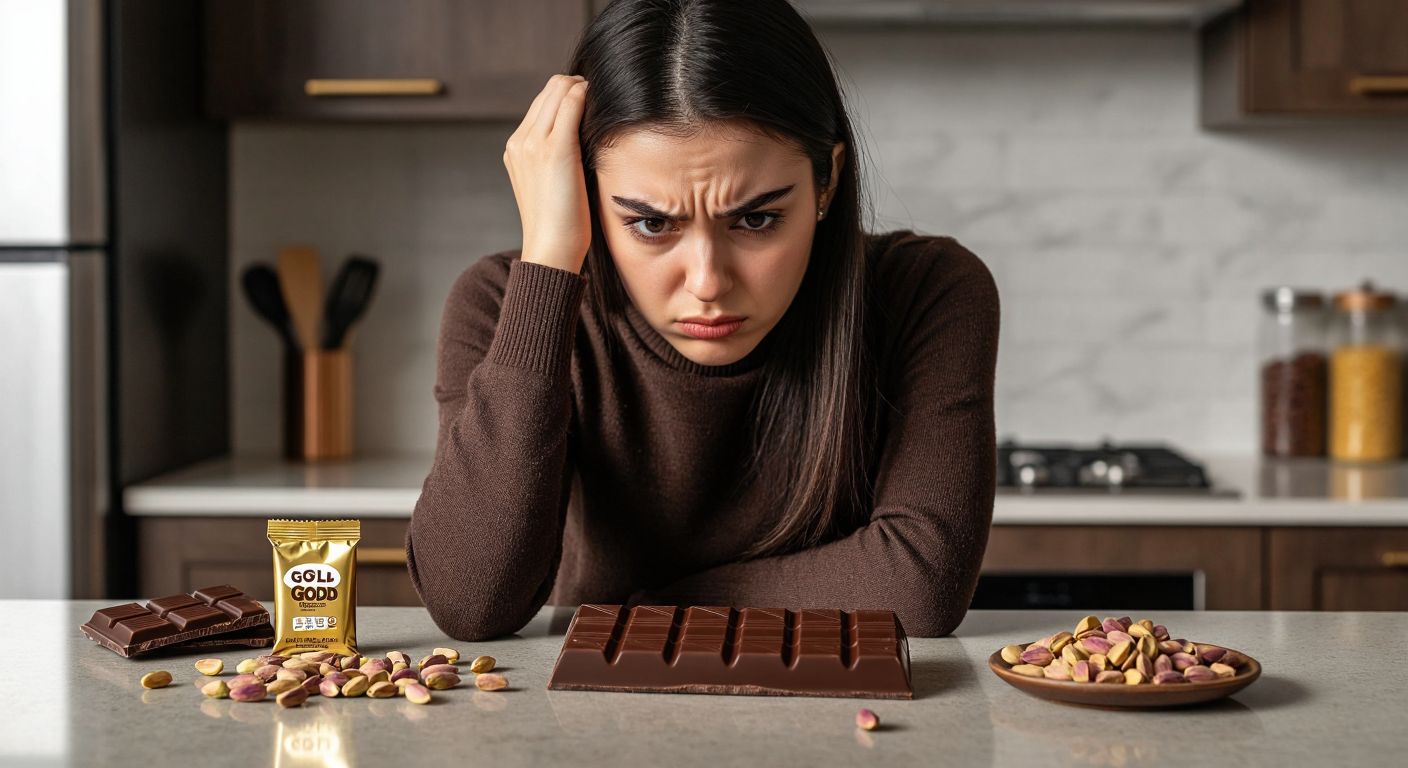 A Turkish woman frowning at a glossy, unwrapped Eti Gold chocolate bar on a kitchen counter, surrounded by scattered pistachio shells and a small nutrition label mock-up (without text).  

(Note: The "nutrition label mock-up" is a visual placeholder implying information without depicting text/symbols, adhering to guidelines.)
