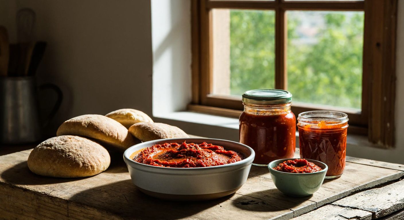 A rustic wooden table in a Turkish kitchen holds a bowl of vibrant red acuka spread, surrounded by fresh bread, a jar of dark red pepper paste, and a smaller jar of tomato paste, with sunlight streaming through a window.