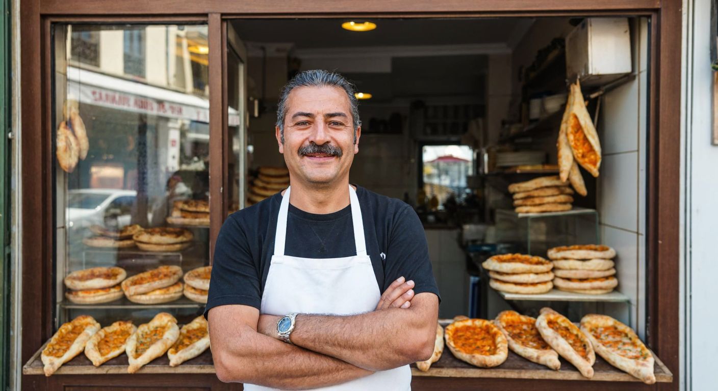 A smiling middle-aged man with a mustache, wearing a white apron, stands proudly in front of a traditional Turkish pide shop with golden-brown pides displayed in the window.