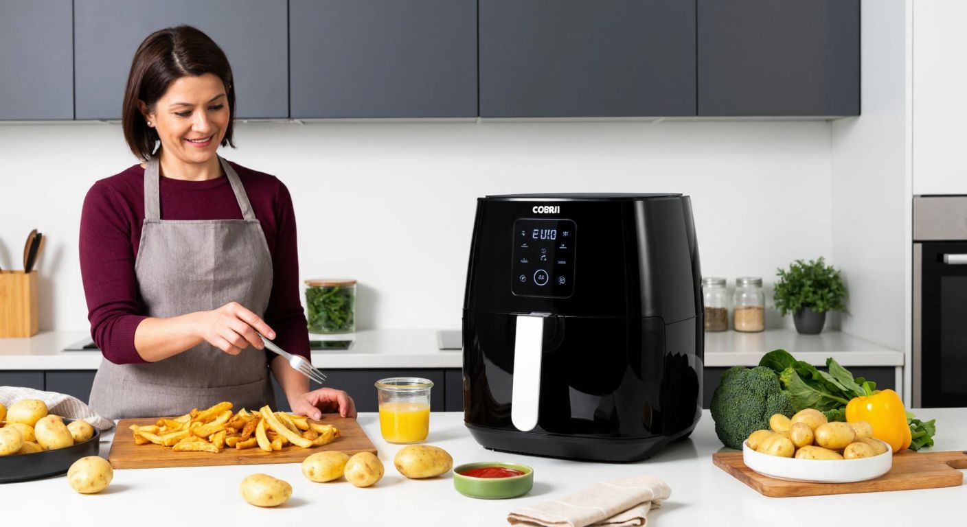 A modern Turkish kitchen with a sleek Cosori XXL air fryer on the counter, surrounded by fresh ingredients like potatoes and vegetables, while a smiling middle-aged woman in an apron checks golden, crispy fries inside.
