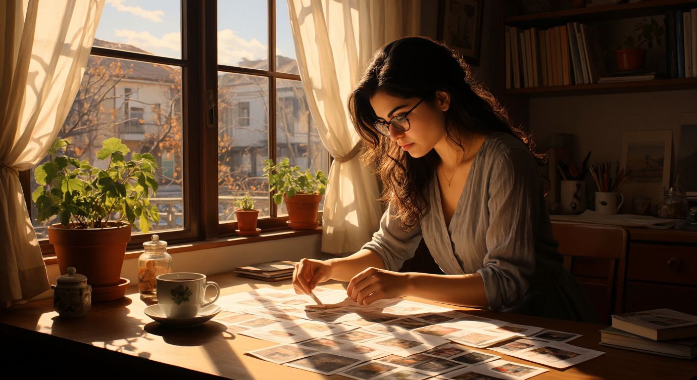 A focused Turkish woman with dark hair and glasses sits at a wooden desk, carefully adjusting a sheet of adhesive labels on a printer tray while sunlight streams through a window onto a steaming cup of çay.