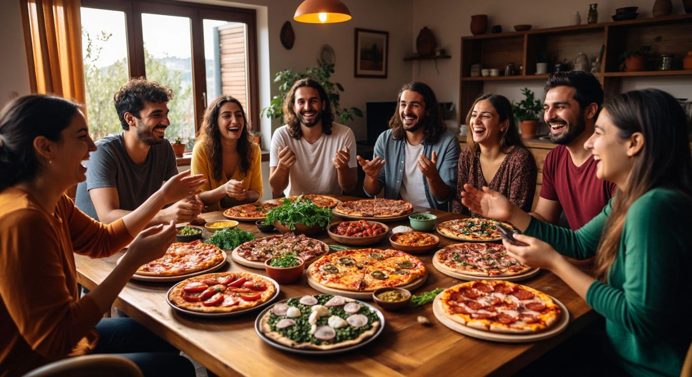 A lively group of smiling people gathered around a wooden table in a cozy Turkish home, with an array of colorful pizzas—vegetable, meat, seafood, and vegan—steaming on large trays, their hands gesturing enthusiastically as they discuss their favorite toppings.