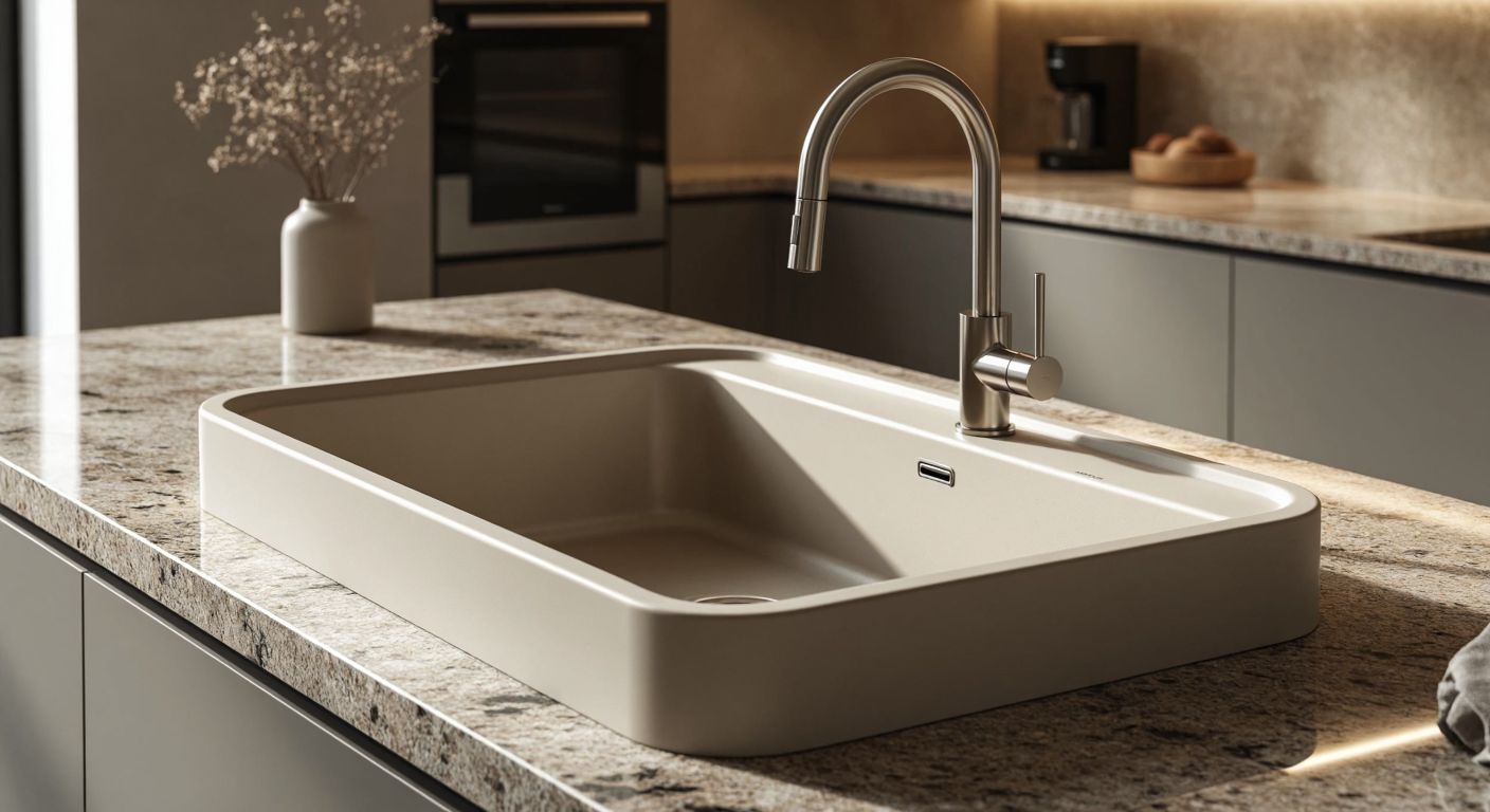 A sleek, modern kitchen sink in various colors—sandy beige, crisp white, deep black, warm oatmeal, and cool gray—placed on a polished granite countertop under soft lighting.