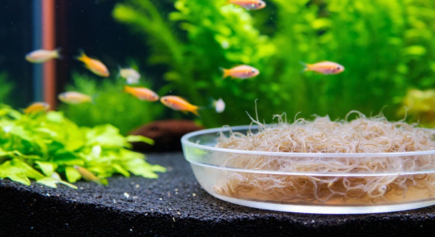 A close-up of tiny, wriggling white Grindal worms in a shallow dish, surrounded by small, colorful fish eagerly darting toward them in a clear aquarium filled with aquatic plants.