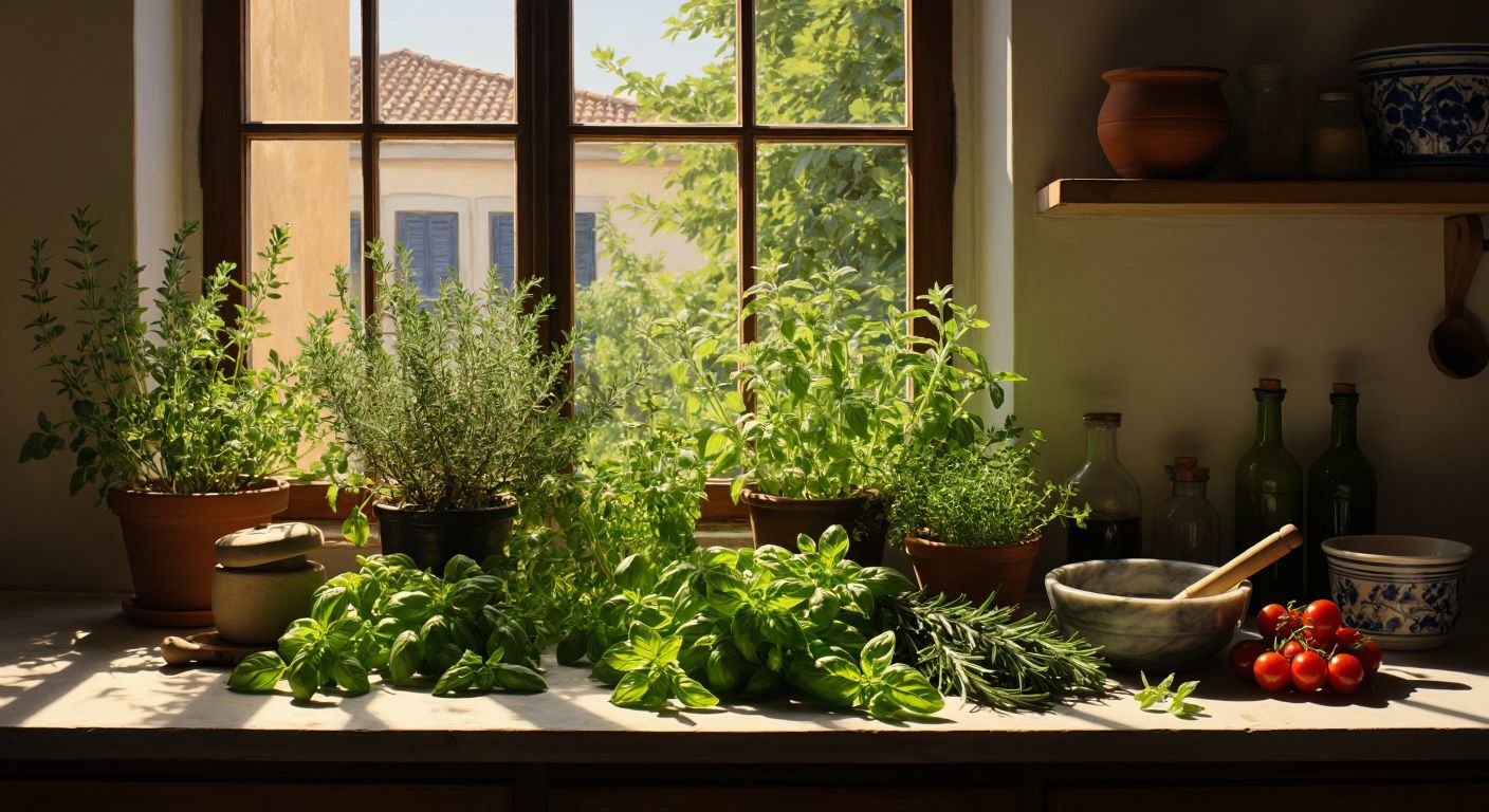 A sunlit Turkish kitchen counter displays a vibrant assortment of fresh herbs—anise, basil, coriander, thyme, bay leaves, and rosemary—neatly arranged beside a mortar and pestle, with a warm Mediterranean breeze rustling through the open window.