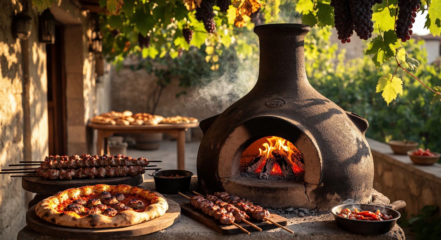 A rustic clay tandoor oven with glowing embers inside, surrounded by freshly baked pide and skewers of sizzling meat, set in a traditional Turkish courtyard with warm sunlight filtering through grapevines.