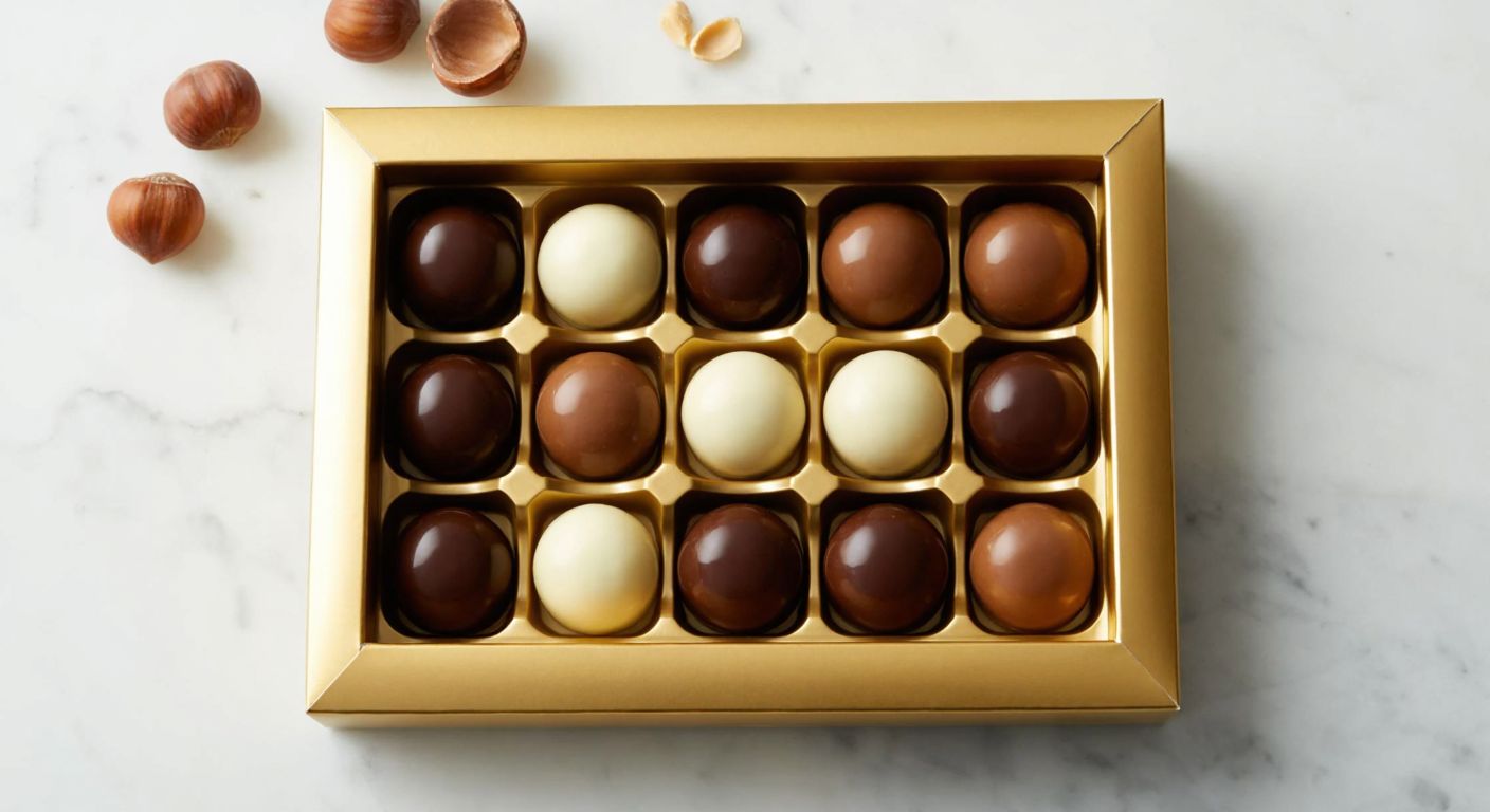 A luxurious golden box filled with fifteen glossy, round truffle chocolates in varying shades of brown and white, arranged neatly on a marble countertop with a few hazelnuts scattered nearby.