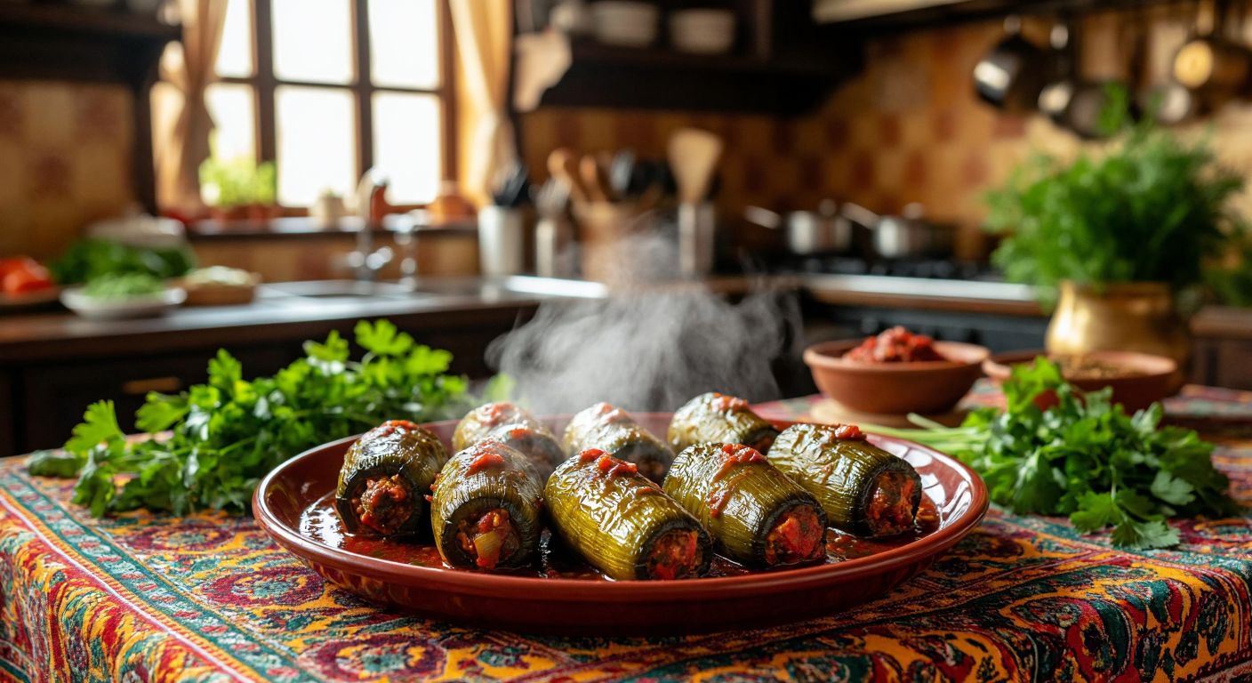 A steaming plate of **Şıhıl Mahşi**, a stuffed zucchini dish with rich spices, placed on a colorful **Gaziantep-style** tablecloth surrounded by fresh herbs and a warm, bustling kitchen in the background.