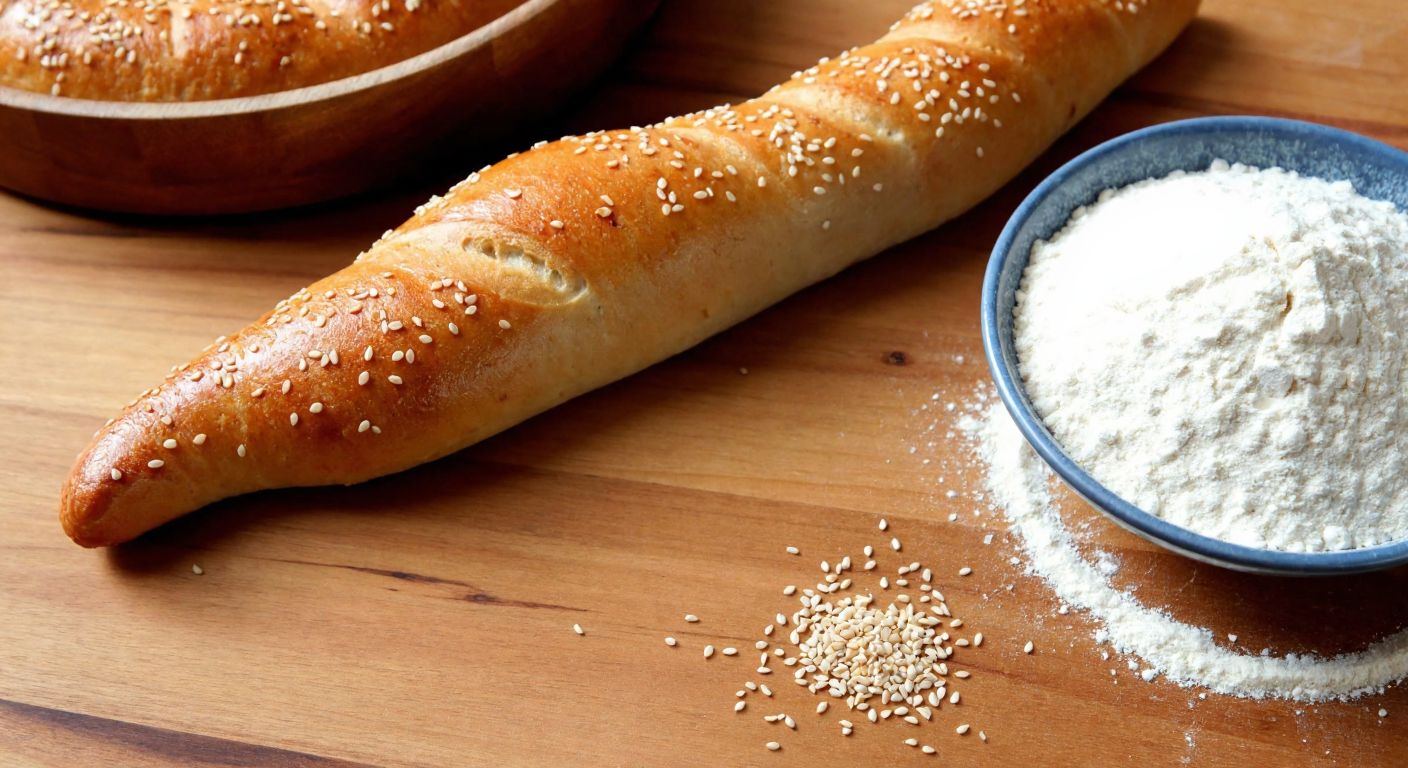 A golden-brown sesame-covered breadstick rests on a wooden table next to a bowl of flour and scattered sesame seeds, evoking a warm Turkish bakery.
