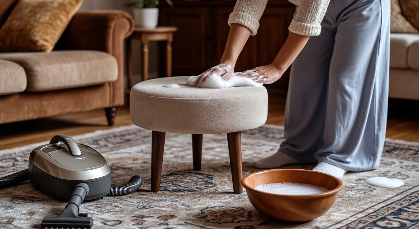A person in a cozy Turkish home gently scrubbing a light-colored fabric stool with a soapy cloth, while a vacuum cleaner and a bowl of soapy water sit nearby on a patterned rug.