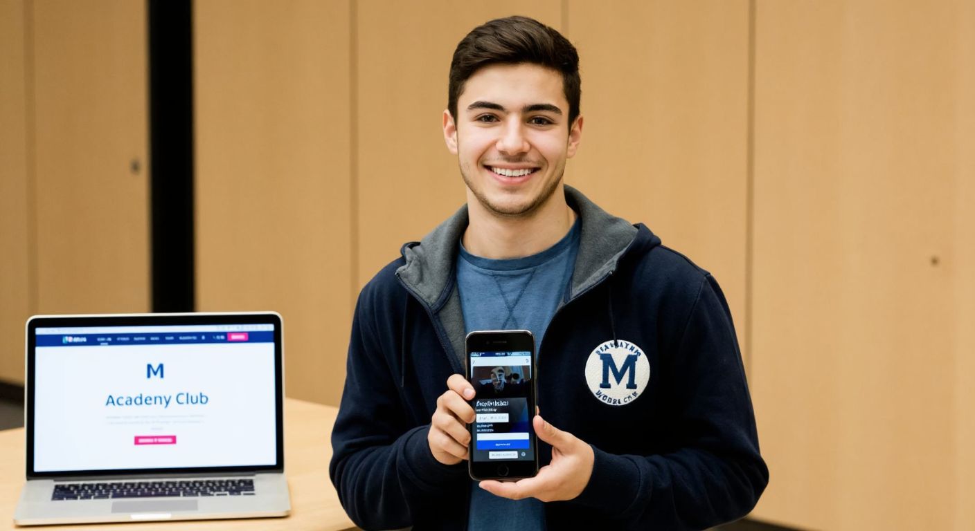 A young Turkish student in casual clothing smiles while holding a smartphone with the Maximum Mobil app open, standing in front of a laptop displaying the Academy Club website with a discount code field highlighted.