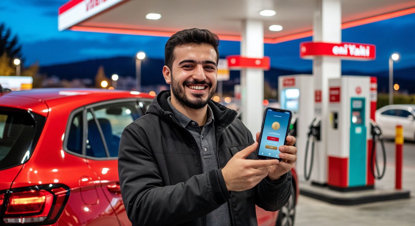 A smiling Turkish driver at a gas station pumps fuel into their car while holding a smartphone displaying a tiered medal system (bronze, silver, gold, diamond) against a backdrop of a modern fuel station with En Yakıt branding.