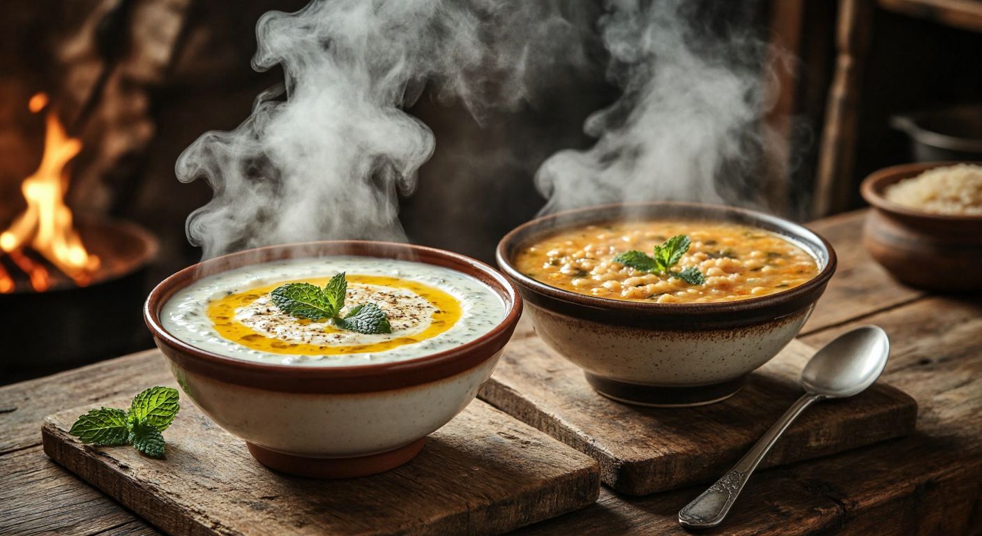 A rustic wooden table in a Turkish kitchen holds two steaming bowls—one filled with creamy yogurt-based dövme çorbası garnished with mint, the other with a golden-brown wheat-based dövme çorbası, both emitting fragrant swirls of steam.