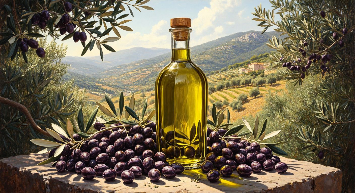 A golden-green olive oil bottle nestled among fresh olives and olive branches, with the sunlit slopes of Kaz Dağları in the background, evoking the rich, earthy aroma of Troya’s ancient groves.