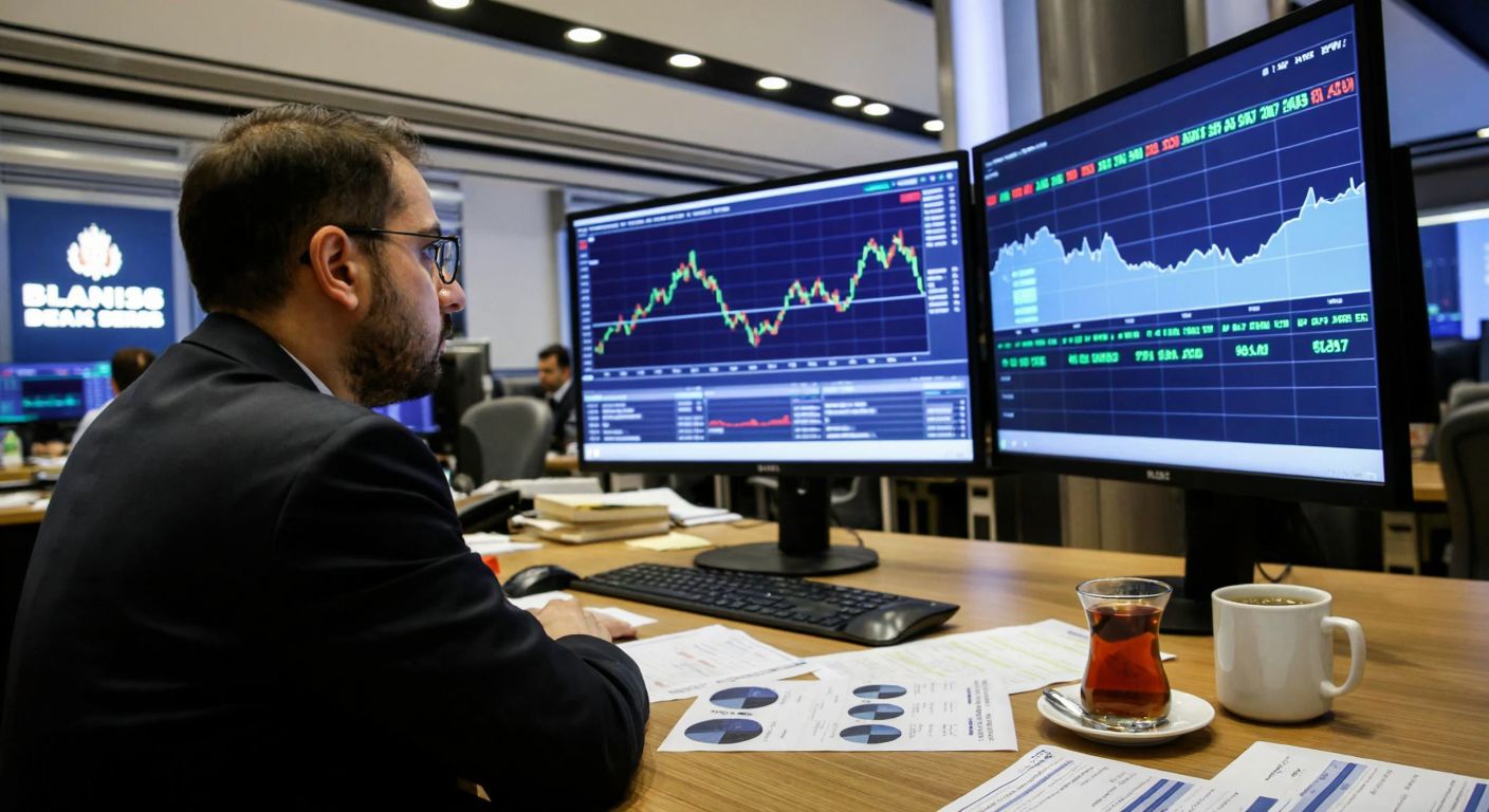 A tense trader in a bustling Istanbul stock exchange gazes at a fluctuating solar energy stock chart on a monitor, surrounded by scattered financial documents and a steaming cup of Turkish tea.