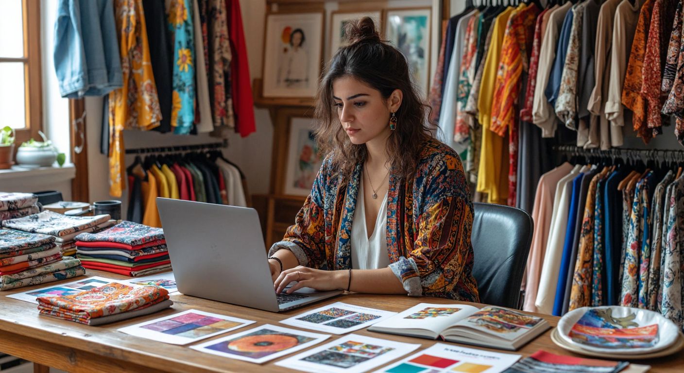 A Turkish designer with a focused expression sits at a wooden desk, browsing a colorful digital marketplace on a laptop surrounded by printed fabric samples, vibrant fonts, and hand-drawn sketches.