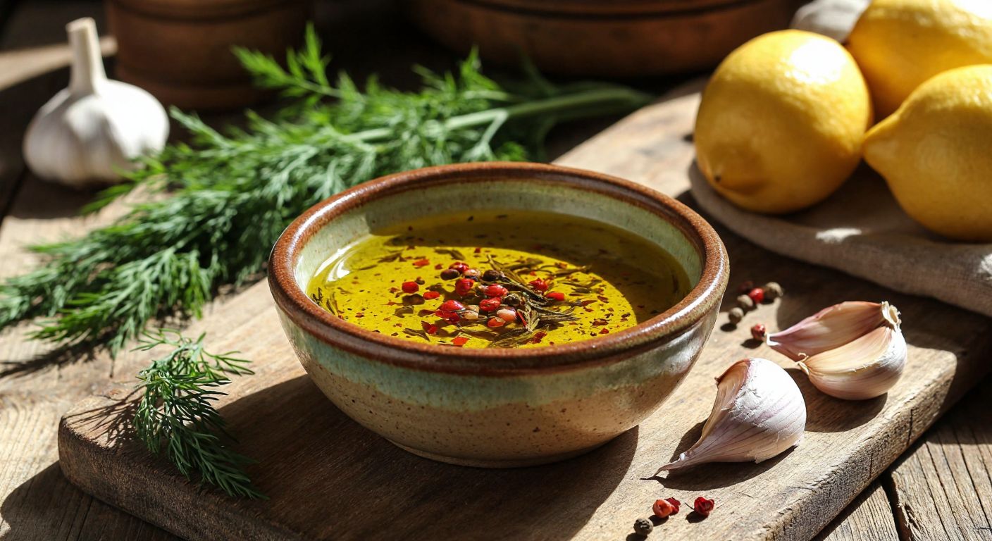 A rustic wooden table in a sunlit Turkish kitchen holds a small ceramic bowl filled with golden olive oil infused with red pepper flakes, dried herbs, and a hint of lemon, surrounded by fresh ingredients like garlic, lemons, and sprigs of dill.