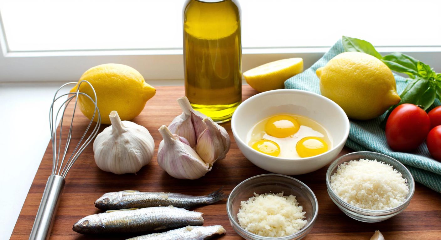 A vibrant wooden table in a sunlit Turkish kitchen displays fresh ingredients for Caesar dressing—golden egg yolks, minced garlic, anchovies, a bowl of grated Parmesan, a lemon halved, and a bottle of olive oil—with a whisk resting nearby.