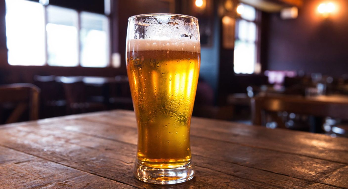 A frosty glass of golden Czech lager with condensation dripping down its sides, placed on a rustic wooden table in a cozy pub with warm lighting.