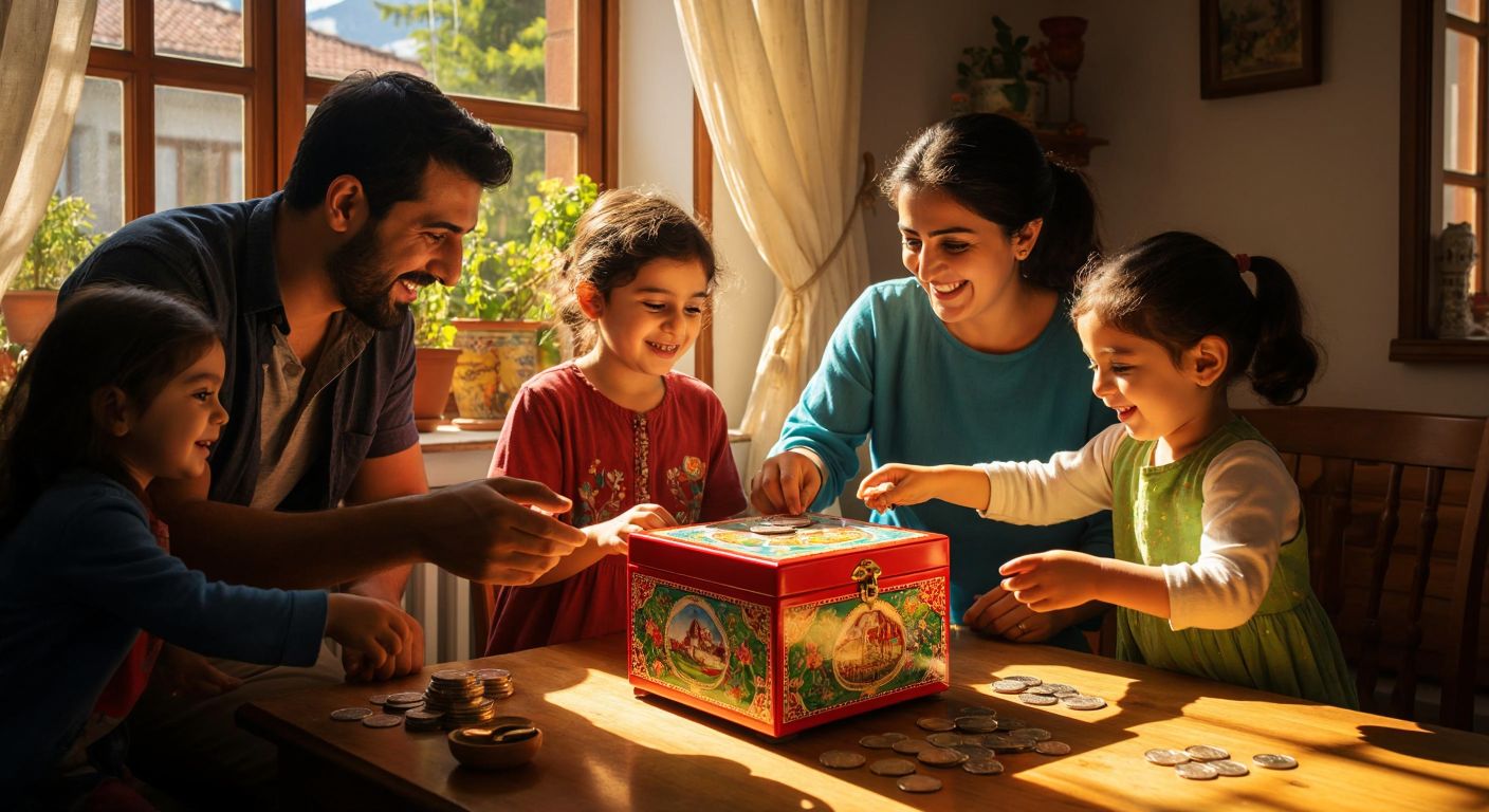 A cheerful Turkish family gathered around a brightly colored, decorative Parabox savings box on a wooden table, smiling as a child drops a coin into it while sunlight streams through the window.