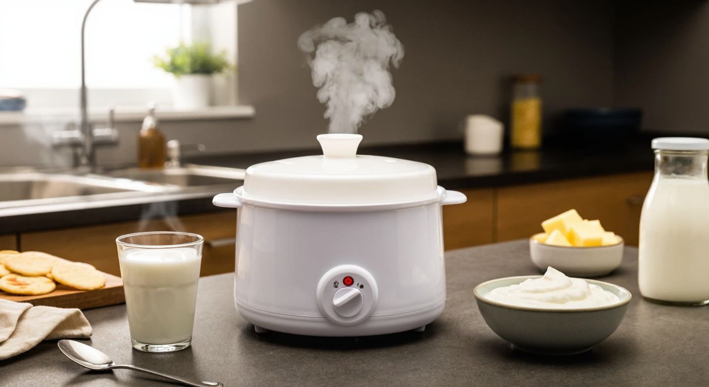 A modern white yogurt machine with a ceramic pot sits on a Turkish kitchen counter, surrounded by fresh milk, a spoon, and a bowl of creamy homemade yogurt, with steam gently rising from the machine.