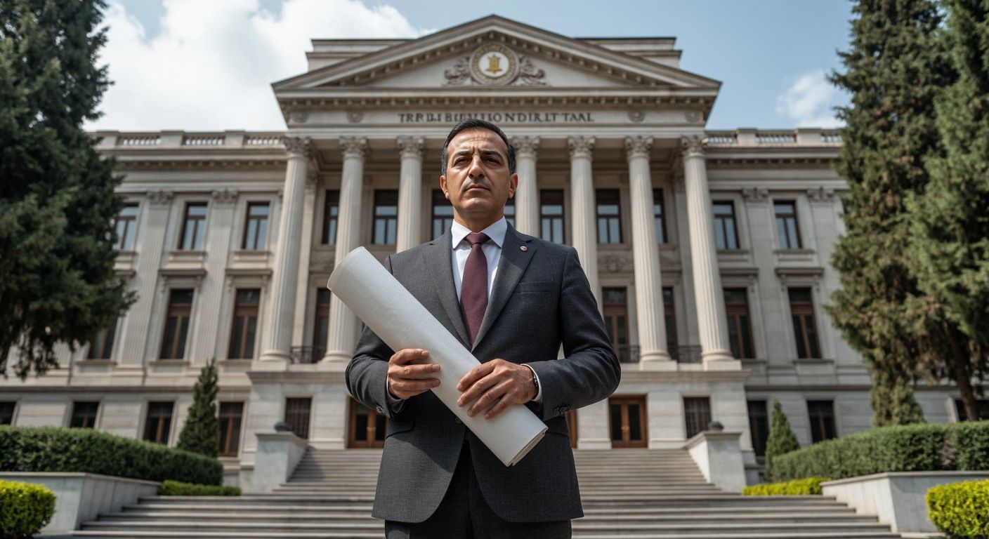 A dignified Turkish official in a formal suit stands confidently in front of the Central Bank of Turkey's grand neoclassical building, holding a rolled-up official gazette with a determined expression.