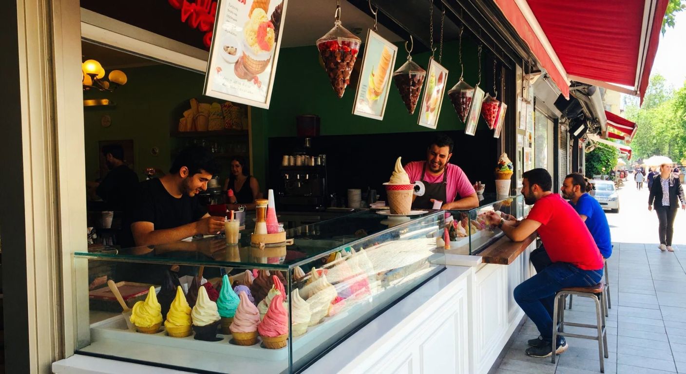 A vibrant ice cream shop in Kadıköy, Istanbul, with colorful scoops of Pandos dondurma displayed in a glass case, surrounded by cheerful customers enjoying their treats under a sunny sky.