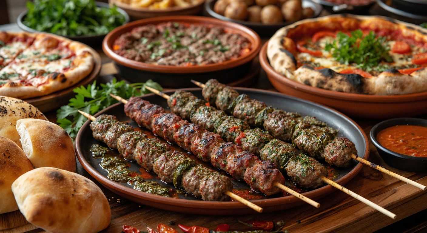 A vibrant Turkish dining table laden with sizzling Adana kebap on skewers, golden-brown İnegöl köfte, thin Antep lahmacun topped with spiced meat, tender tandır kebabı in a clay pot, and crispy ciğerli ekmek, surrounded by warm bread and fresh herbs, evoking a rich culinary tradition.