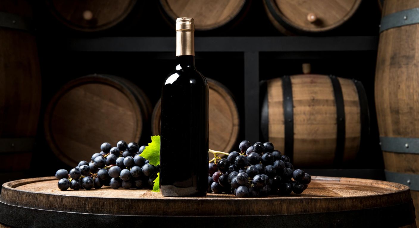A rustic wooden table in a dimly lit Turkish wine cellar holds a dark green glass bottle sealed with a cork, surrounded by clusters of grapes and oak barrels, evoking tradition and preservation.