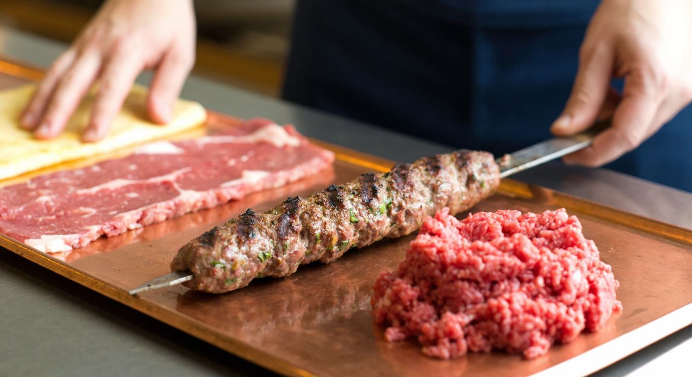 A skewer of sizzling Adana kebab, glistening with fat and spices, rests on a warm copper tray beside a small pile of finely minced meat, with a butcher’s hands shaping another portion nearby.