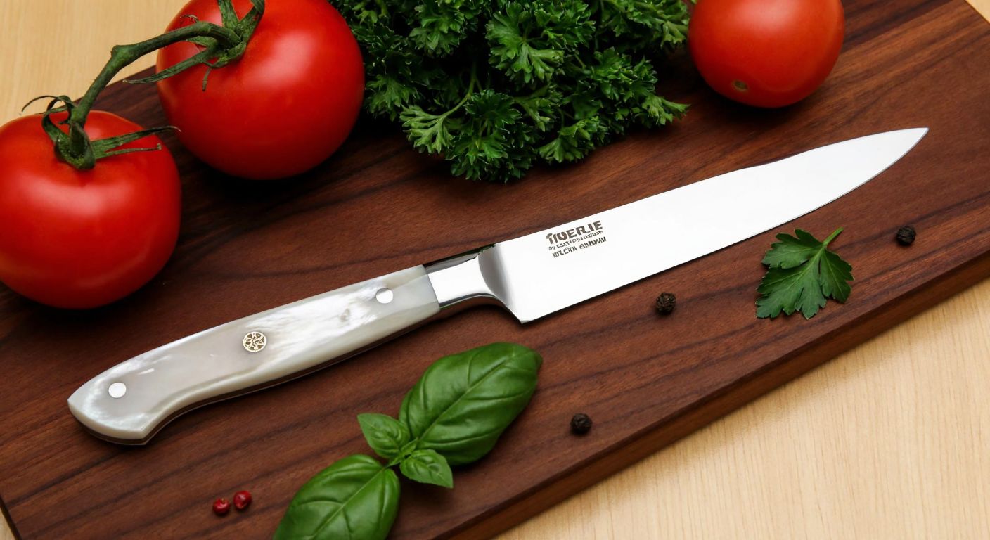 A gleaming stainless steel knife with a smooth mother-of-pearl handle rests on a wooden cutting board beside fresh Turkish ingredients like tomatoes and herbs.