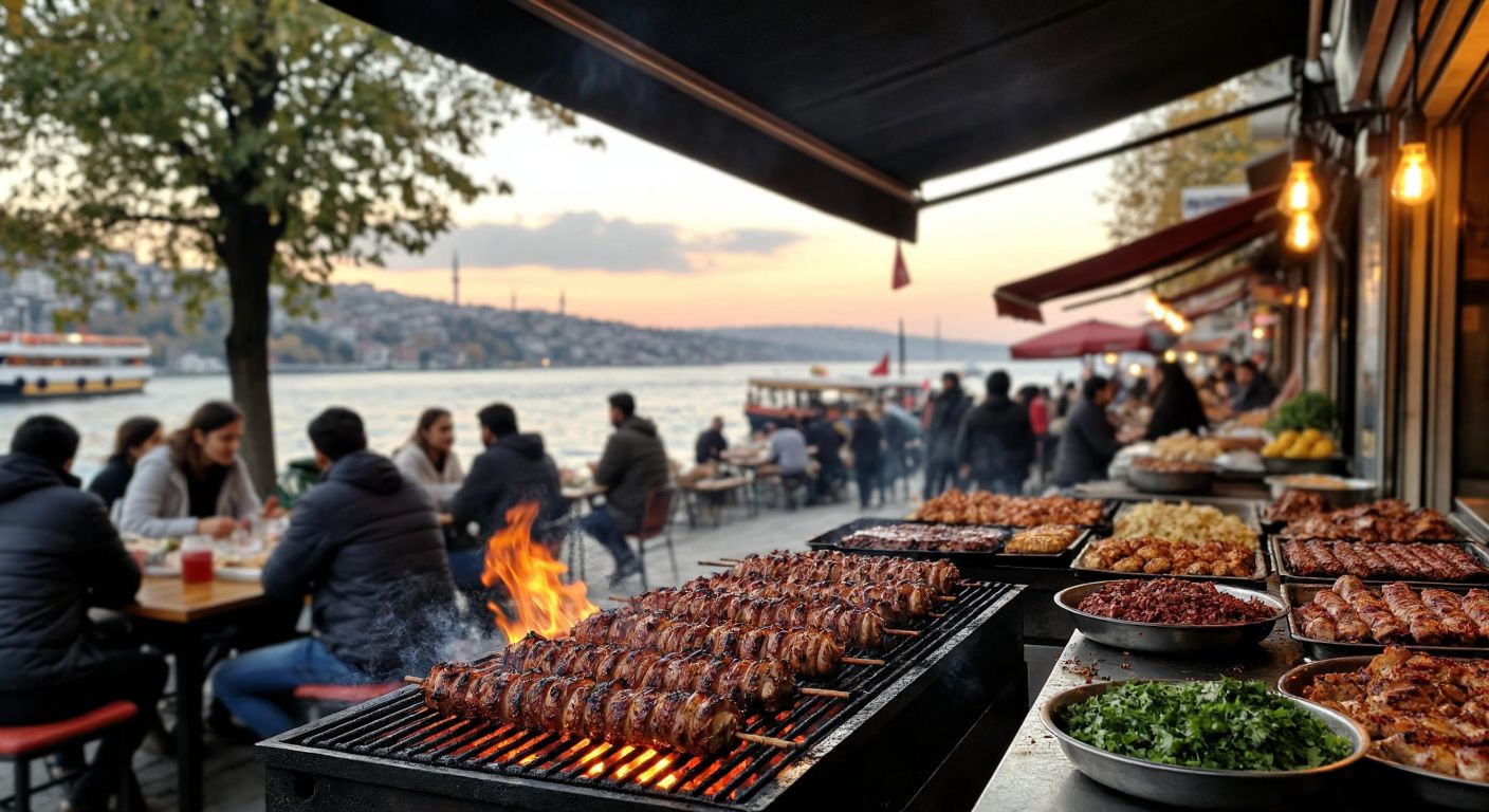 A bustling Istanbul street scene with a sizzling grill of çiğ kokoreç in the foreground, surrounded by eager customers at a small, lively eatery in Çengelköy, with the Bosphorus shimmering in the background.
