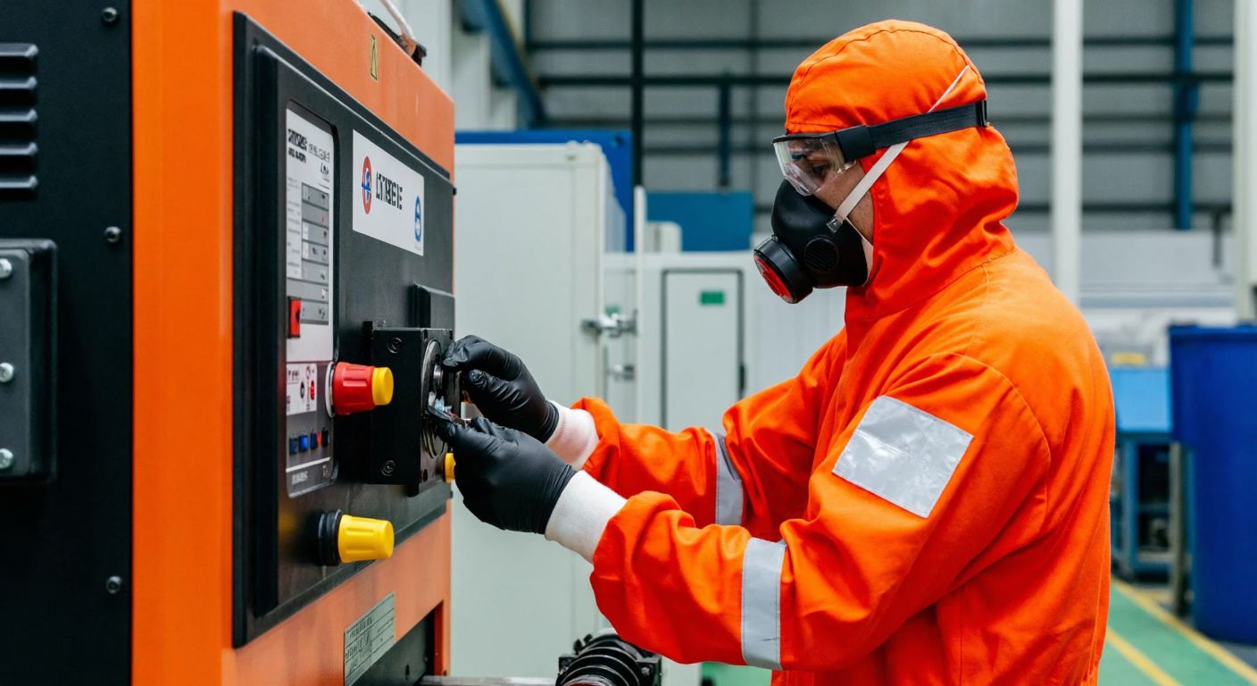 A Turkish factory worker in a bright orange protective suit, wearing safety goggles, gloves, and a respirator mask, carefully operating a plastic injection molding machine with visible safety guards and emergency stop buttons.