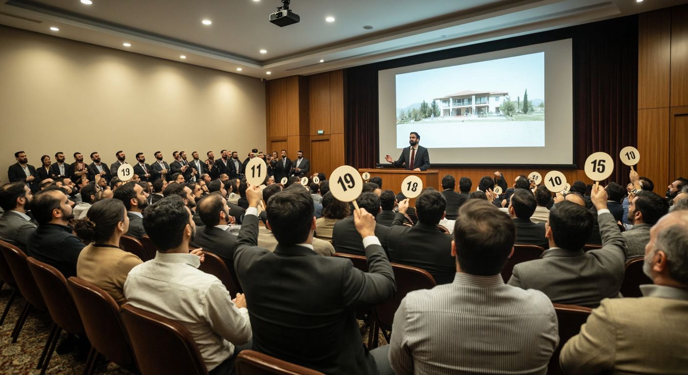 A crowded auction hall in Turkey, with a mix of hopeful and skeptical bidders raising numbered paddles under the watchful gaze of a notary in a formal suit, while a large projection screen displays property images without text.