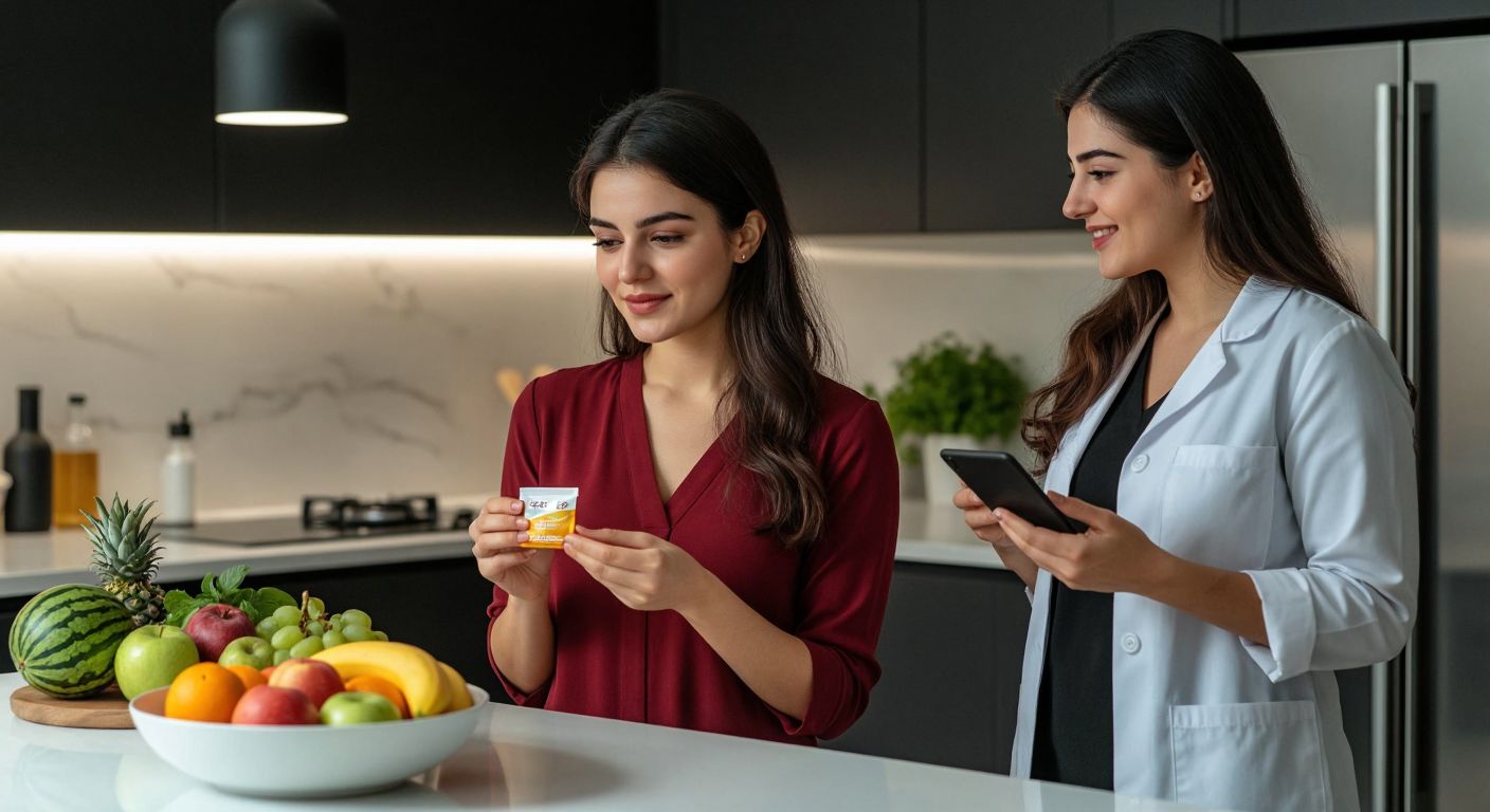 A Turkish woman in a modern kitchen holds a small packet of De-light sweetener while thoughtfully looking at a bowl of fresh fruit, with a nutritionist in the background smiling and offering guidance.