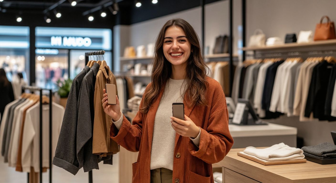 A cheerful Turkish woman in a modern Mudo store holds two stylish clothing items, one in each hand, smiling as she receives the second for free at the checkout counter.