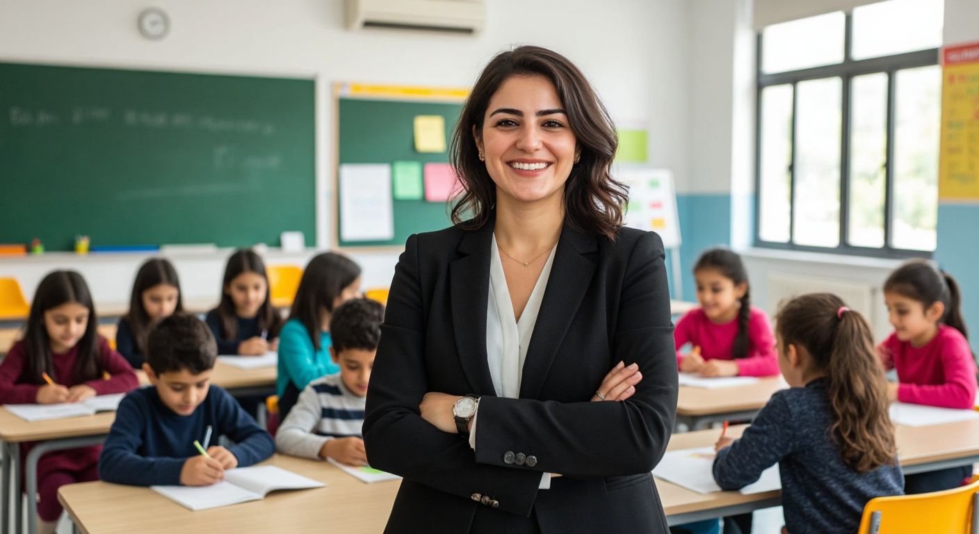 A confident Turkish woman in a professional blazer stands in a bright classroom, warmly smiling as young students engage in hands-on learning activities around her.