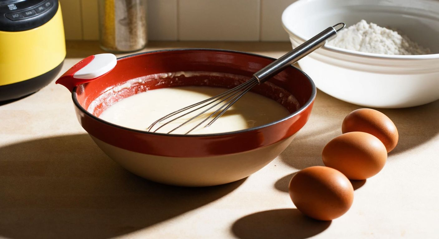 A stainless steel whisk with a silicone scraper attachment rests on the edge of a ceramic mixing bowl filled with creamy batter, surrounded by fresh eggs and flour in a sunlit Turkish kitchen.