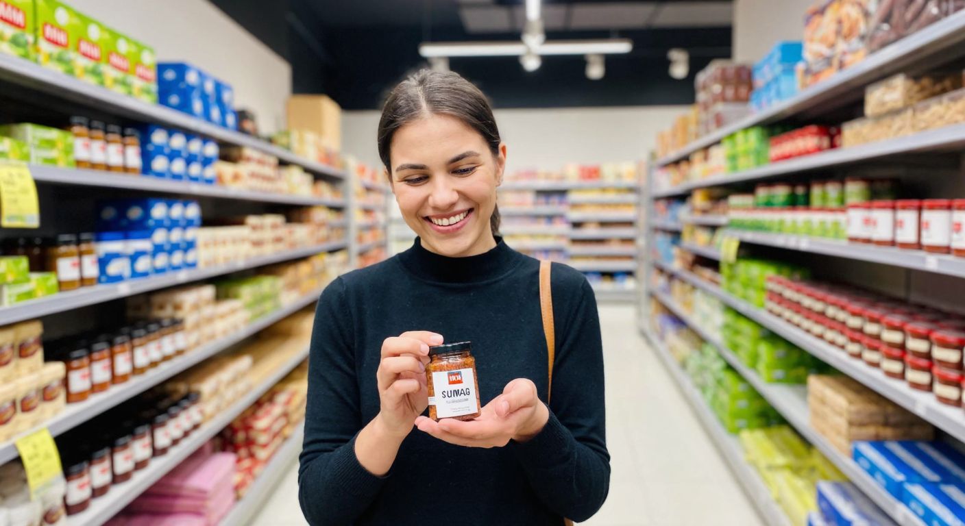 A cheerful shopper in a BİM supermarket aisle holding a small jar of sumac spice, with shelves stocked with Turkish groceries in the background.