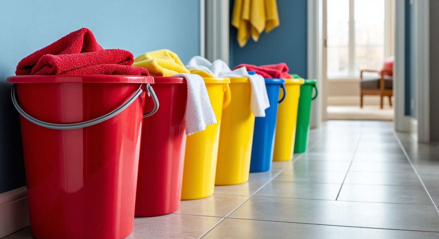 A row of brightly colored cleaning buckets—red in a bathroom, yellow in a hallway, blue in a living room, and green in a bedroom—each placed in their designated areas, with a cleaning cloth draped over their edges.