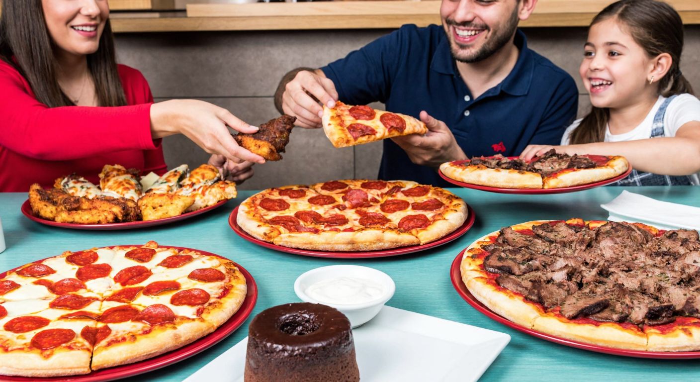 A vibrant table in a cozy Turkish pizzeria displays a spread of Domino's pizzas—pepperoni, margherita, and meat lovers—alongside crispy chicken wings, stuffed cheesy bread, and chocolate lava cake, with a smiling family eagerly reaching for slices.