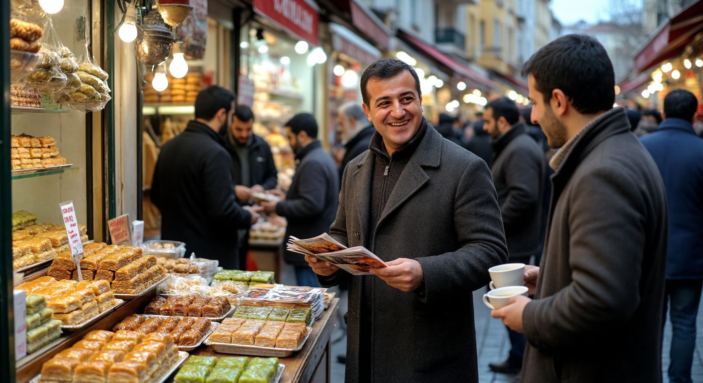 A bustling Turkish bazaar scene with a smiling shop owner handing out colorful brochures to curious customers, while a nearby stall displays fresh baklava and a small group discusses business partnerships over steaming cups of çay.