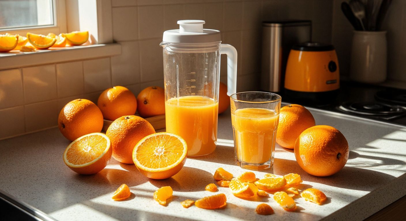 A sunlit Turkish kitchen counter with halved oranges, a blender filled with orange pulp, a cut plastic bottle pressed onto an orange, and a glass catching fresh juice, surrounded by scattered orange peels.