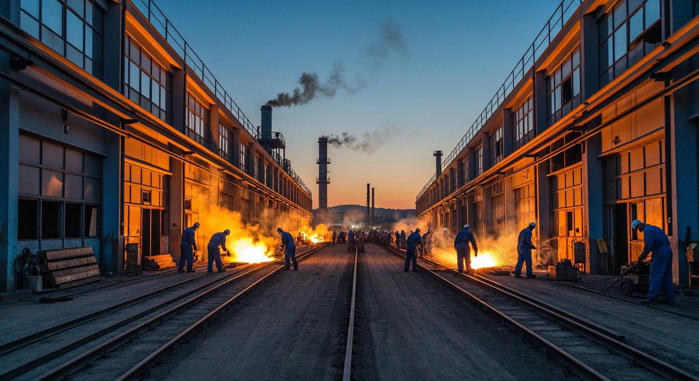 A bustling industrial area in Turkey with rows of large and small workshops, workers in coveralls moving between them, and the warm glow of welding sparks under a bright blue sky.