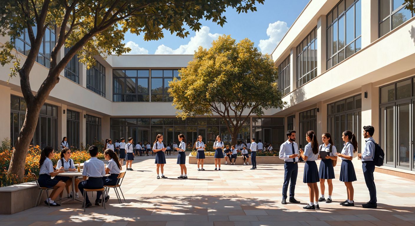 A modern Turkish school building with students in uniforms chatting in a sunlit courtyard, while a teacher engages a small group in discussion under a tree, capturing both the lively social atmosphere and the focus on education.